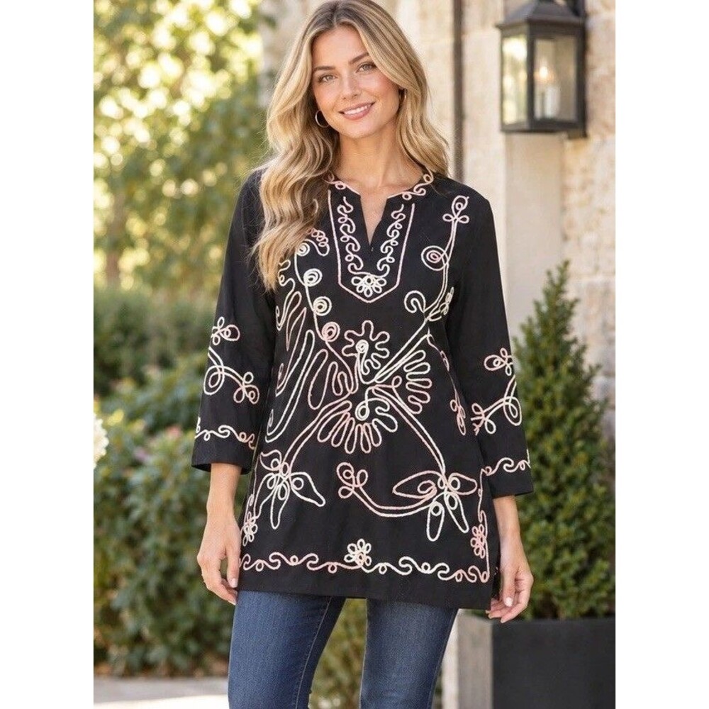 Lauren Michelle Black Pink White 3D Ribbon Soutache TunicTop Sz Medium